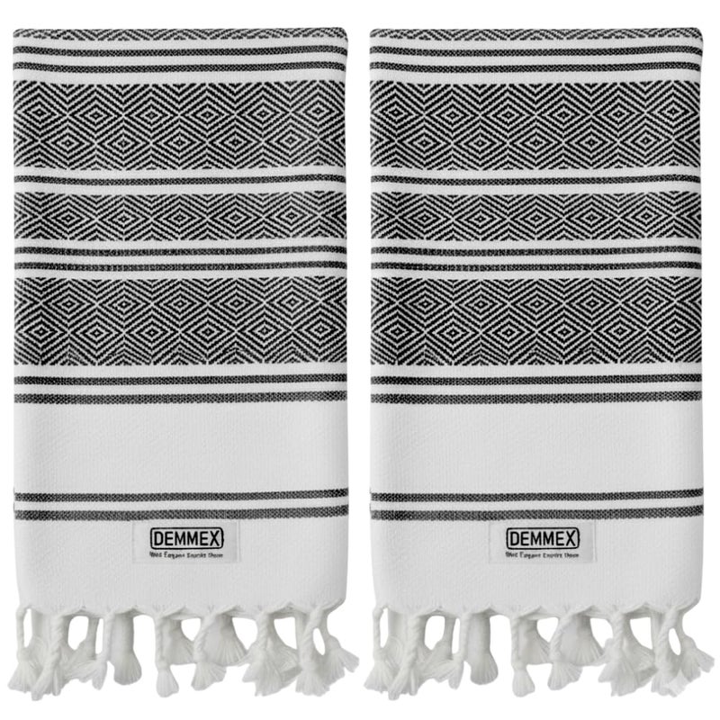 DEMMEX Organic Turkish Hand Towels for Bathroom â€“ 100% Oeko-TEX Certified Turkish Cotton, Quick Dry, Lightweight Kitchen & Travel Towels, Diamond Weave, Large 18x36 Inches, Set of 2, Black - Image 1